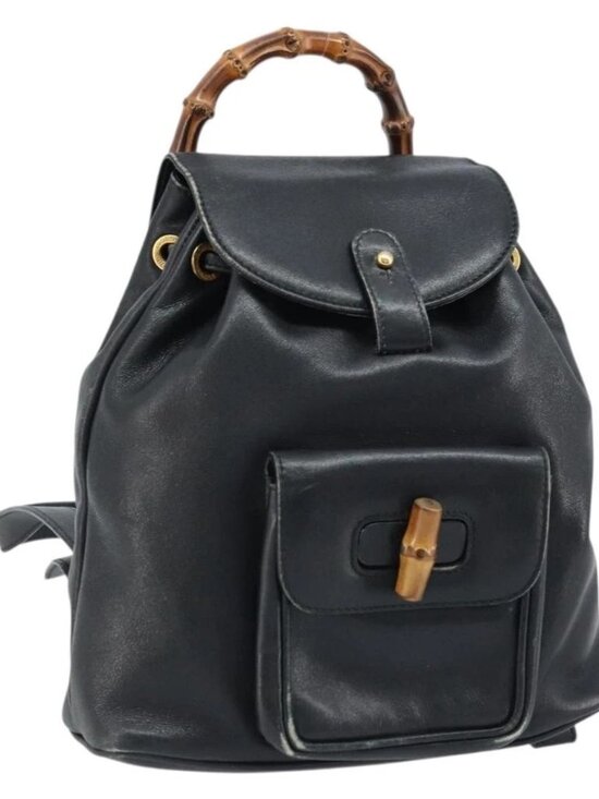 Gucci Handbags - GUCCI Bamboo Backpack Leather Black Gold 003 1705 0030 Auth ka2738